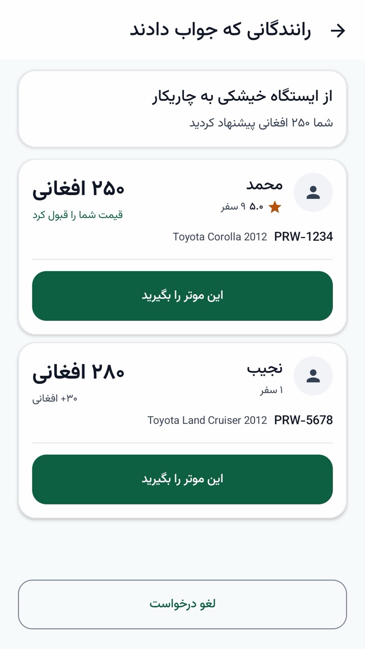 اپ مسافر: پیشنهاد رانندگان برای سفر از ایستگاه خیشکی به چاریکار، با قیمت، امتیاز و موتر